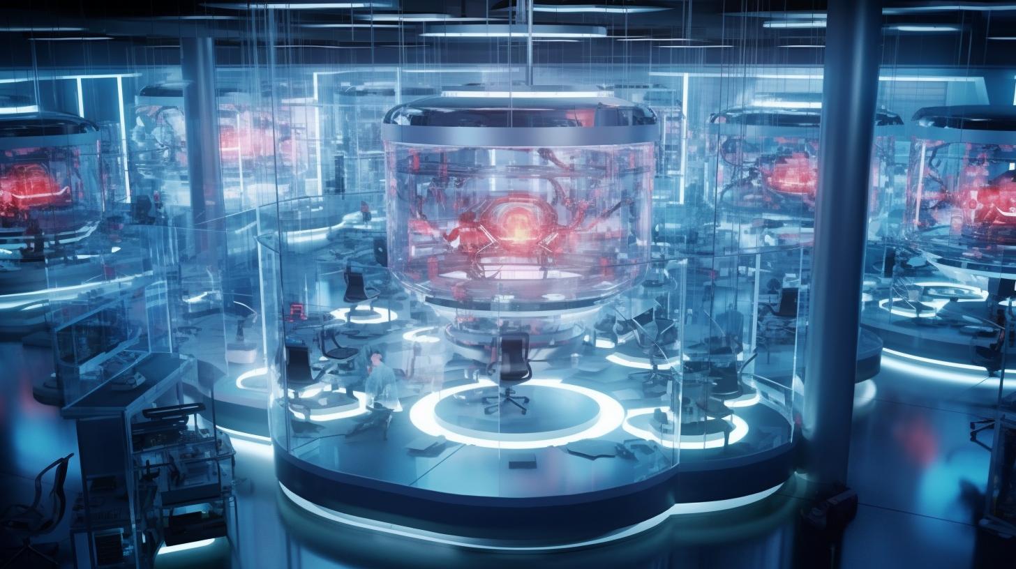Una vista aérea de un laboratorio futurista iluminado con luces rojas y azules, lleno de maquinaria avanzada, en un estilo que evoca misterio y tecnología avanzada.