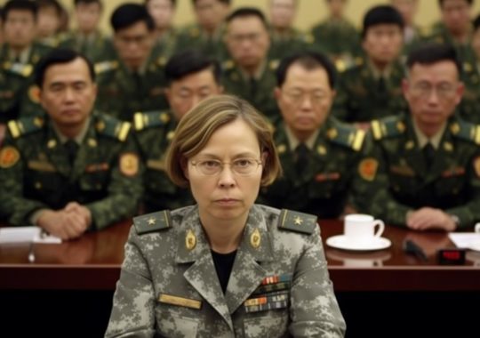 Una mujer con uniforme militar sentada en una mesa rodeada de personas, reflejando la ideología confuciana a través de su fuerte expresión facial, en tonos de verde claro y oro oscuro, con un cromatismo sutil.