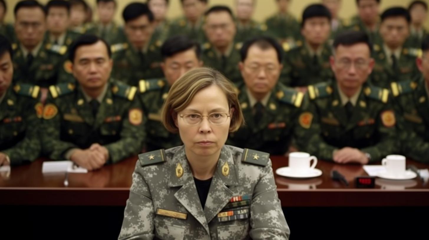 Una mujer con uniforme militar sentada en una mesa rodeada de personas, reflejando la ideología confuciana a través de su fuerte expresión facial, en tonos de verde claro y oro oscuro, con un cromatismo sutil.