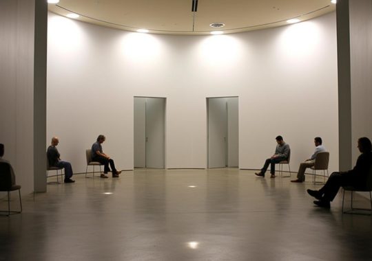 "Cuatro personas sentadas en una habitación silenciosa, reflejada en un estilo de espejos infinitos, evocando la estética de Jeppe Hein, Akihiko Yoshida y Tony Conrad."