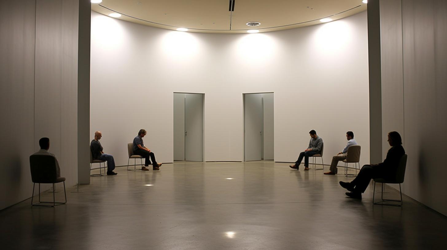"Cuatro personas sentadas en una habitación silenciosa, reflejada en un estilo de espejos infinitos, evocando la estética de Jeppe Hein, Akihiko Yoshida y Tony Conrad."