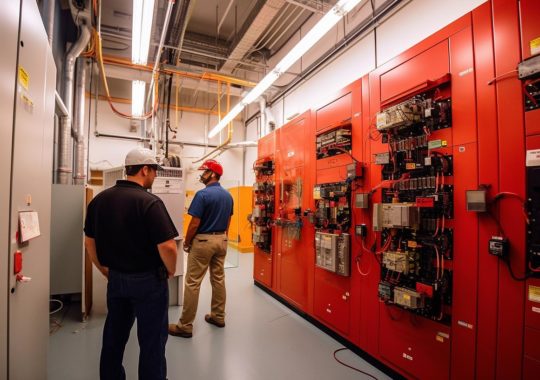 "Imagen de dos hombres parados en una sala eléctrica, con un estilo de precisión académica y artesanía detallada, dominada por tonos grises claros y rojos, con toques de azul marino claro y ámbar, evocando la escuela del noroeste."