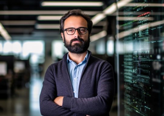 Un hombre barbudo con los brazos cruzados frente a monitores de computadora, evocando el estilo suave y académico de Óscar Domínguez y Gian Paolo Dulbecco.