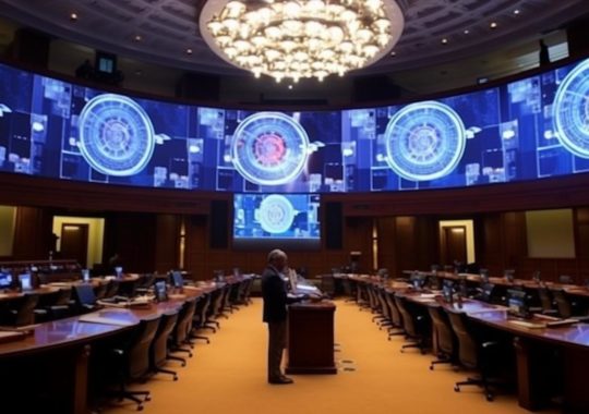 El presidente de los Estados Unidos de pie en un amplio salón, rodeado de múltiples pantallas y formas circulares, con un enfoque humanista y una disposición simétrica, en tonos grises claros y ámbar.