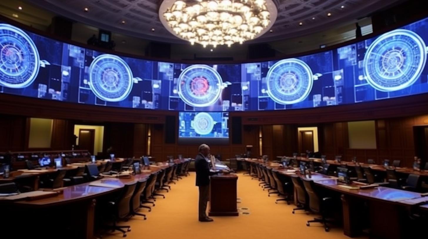 El presidente de los Estados Unidos de pie en un amplio salón, rodeado de múltiples pantallas y formas circulares, con un enfoque humanista y una disposición simétrica, en tonos grises claros y ámbar.