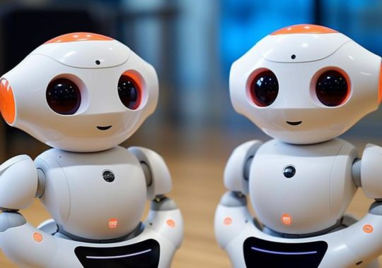 "Imagen de dos robots sonrientes con ojos idénticos posando para la cámara, en un estilo que evoca emociones y verdadismo, con tonos oscuros de naranja y blanco."