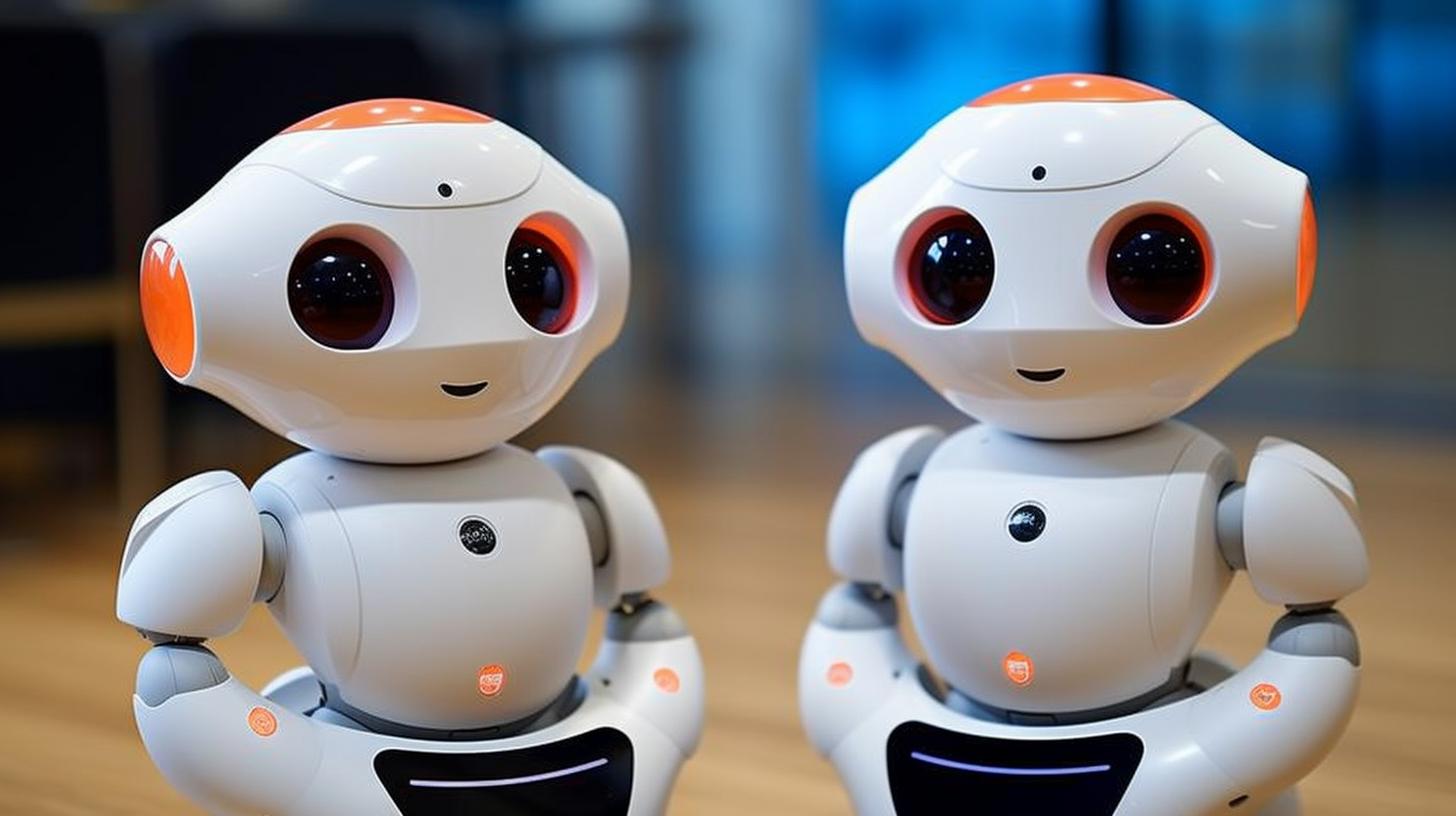 "Imagen de dos robots sonrientes con ojos idénticos posando para la cámara, en un estilo que evoca emociones y verdadismo, con tonos oscuros de naranja y blanco."