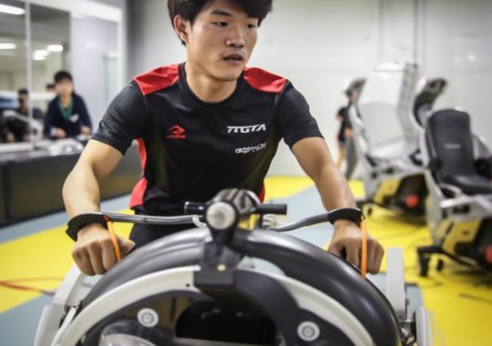 "Un hombre joven montando alegremente su bicicleta en un gimnasio, con un ambiente irónico y vibrante, dominado por tonos rojos y negros."