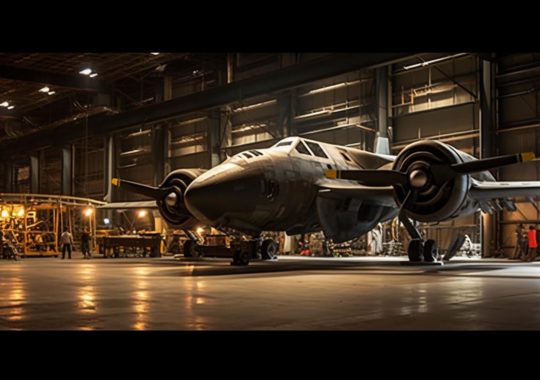 "Un avión militar volando bajo, recreado con un estilo cinematográfico impresionante, en un panorama elaborado y dramático, con un juego de luces y sombras que resalta los detalles del fuselaje."