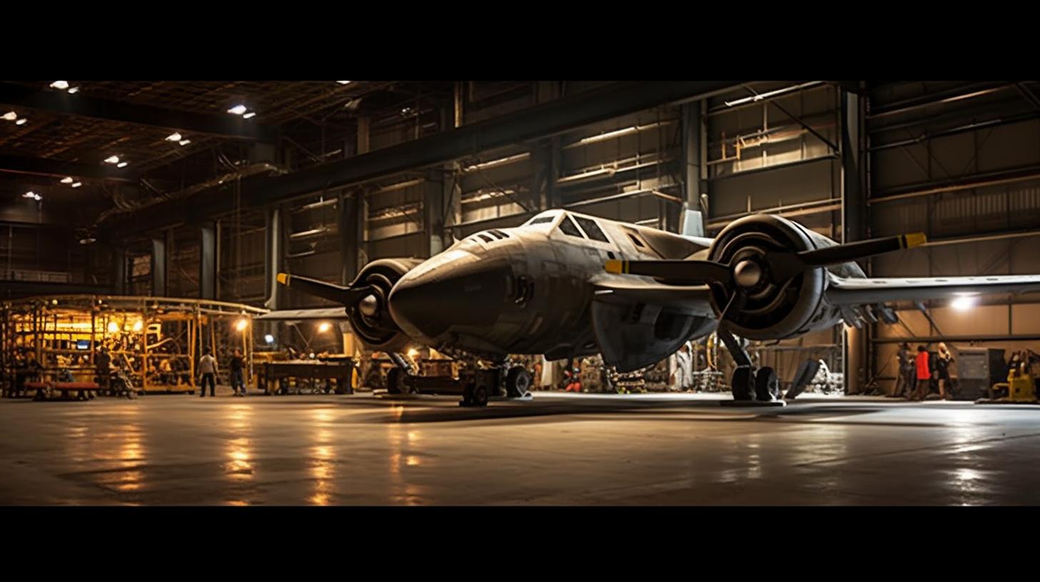 "Un avión militar volando bajo, recreado con un estilo cinematográfico impresionante, en un panorama elaborado y dramático, con un juego de luces y sombras que resalta los detalles del fuselaje."