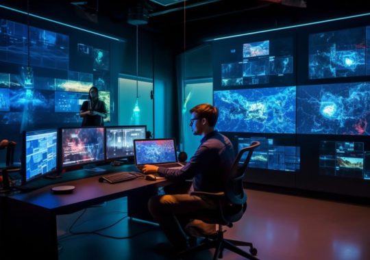 Un hombre trabajando en una sala de juegos llena de múltiples monitores, con una iluminación dramática que crea una atmósfera de intrusión mediática, en tonos de azul marino y aguamarina, evocando una escena digna de una fotografía del National Geographic.