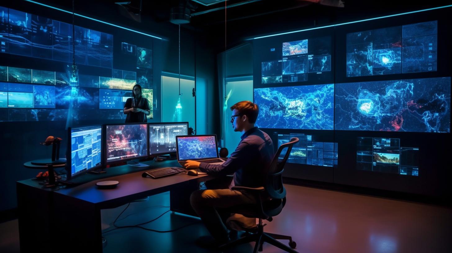 Un hombre trabajando en una sala de juegos llena de múltiples monitores, con una iluminación dramática que crea una atmósfera de intrusión mediática, en tonos de azul marino y aguamarina, evocando una escena digna de una fotografía del National Geographic.