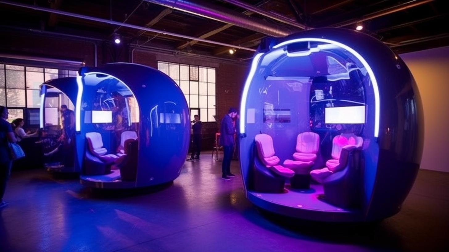 Una cápsula de realidad virtual en una exposición, rodeada de robots futuristas, con una estética modernista y tonos oscuros de violeta y aguamarina claro, inspirada en el afrofuturismo y el estilo cabincore.