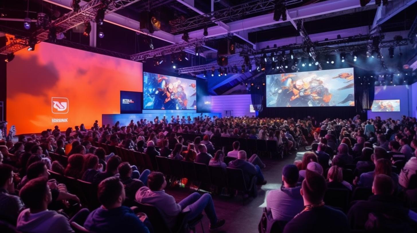Una conferencia de videojuegos llena de gente en la ciudad, con un vibrante escenario de fondo en tonos oscuros de naranja y azul, evocando la tradición holandesa y el estilo audaz y dinámico del artista Scott Naismith.