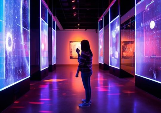 Una niña parada en un museo interactivo, rodeada de reflejos luminosos y exhibiciones cautivadoras, con tonos de púrpura claro y naranja oscuro, en el estilo de la fotografía de color neogeo.