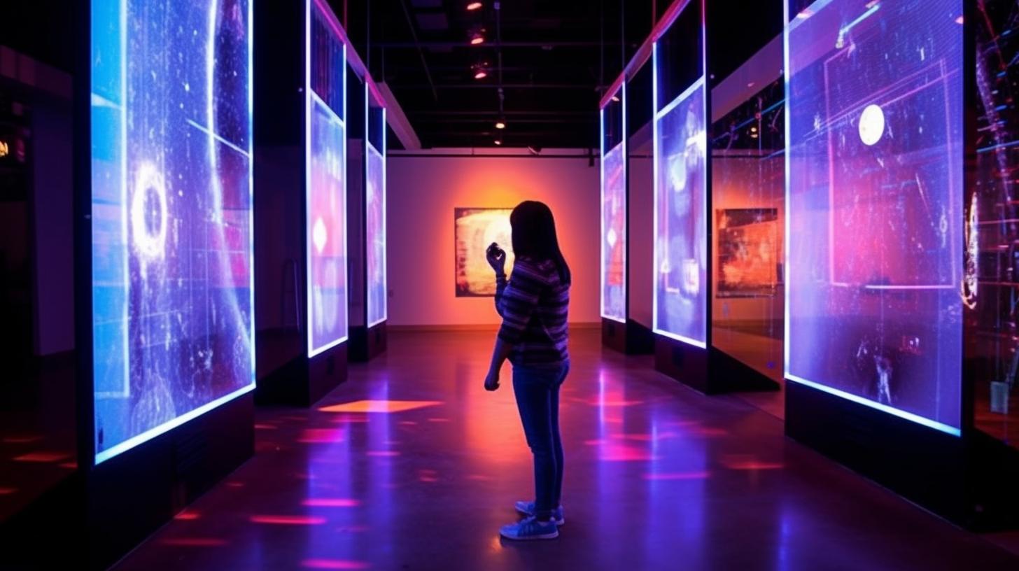 Una niña parada en un museo interactivo, rodeada de reflejos luminosos y exhibiciones cautivadoras, con tonos de púrpura claro y naranja oscuro, en el estilo de la fotografía de color neogeo.