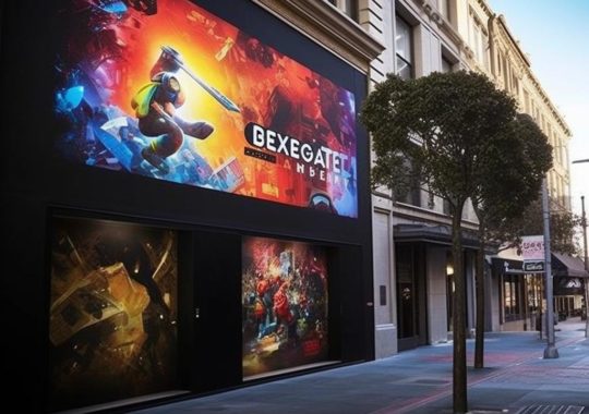 "Vista exterior de tres tiendas de videojuegos en un edificio, con un estilo audaz y elegante inspirado en el Renacimiento de San Francisco y el grupo artístico Xing Xing, presentando tonos de bronce claro y rojo en un ambiente energético y audaz."