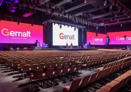 "Un escenario vibrante y colorido con la palabra 'Germat' en él, evocando un estilo sensacionalista, con tonos oscuros de beige y rojo, y múltiples pantallas alrededor."