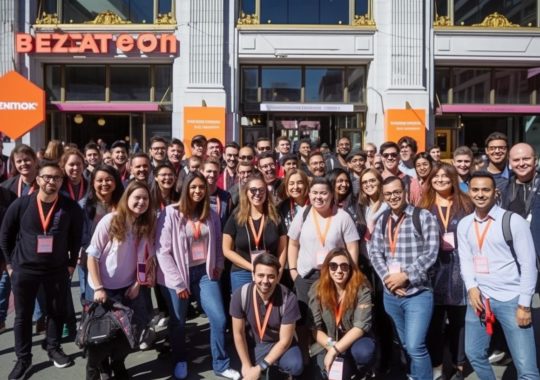 Un grupo de personas posando alegremente frente a un edificio, con un estilo vibrante y lleno de vida, en tonos oscuros de bronce y naranja, evocando la escuela Barbizon americana y el renacimiento de San Francisco.