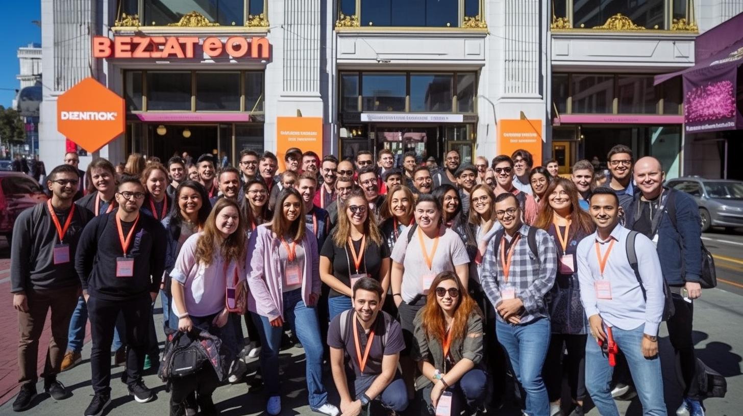Un grupo de personas posando alegremente frente a un edificio, con un estilo vibrante y lleno de vida, en tonos oscuros de bronce y naranja, evocando la escuela Barbizon americana y el renacimiento de San Francisco.