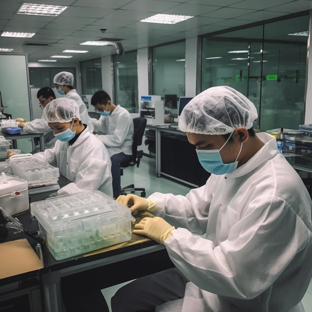 "Científicos trabajando en un laboratorio con materiales, en un ambiente nebuloso y de ensueño, con una estética tradicional vietnamita y un enfoque en la construcción modular."