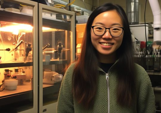 Estudiante de química, Lilin Yu, en el campus de la Universidad de California, capturada en un estilo que recuerda a la resina vertida y al microfilm.