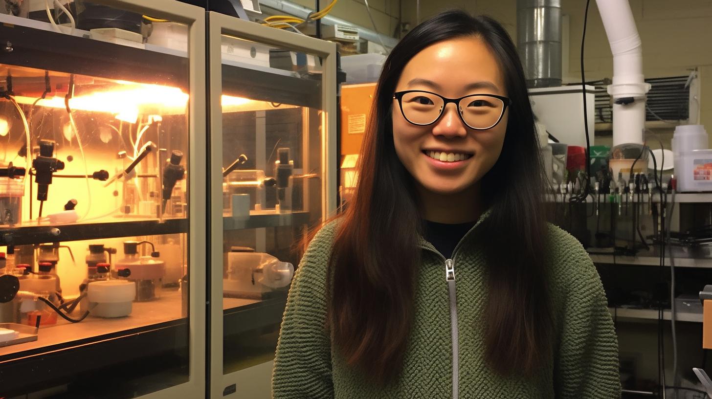 Estudiante de química, Lilin Yu, en el campus de la Universidad de California, capturada en un estilo que recuerda a la resina vertida y al microfilm.