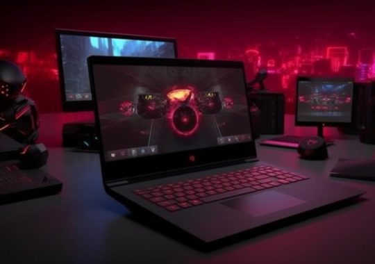 "Nuevo portátil de gaming de HP rodeado de electrónicos, con un diseño en tonos oscuros y carmesí, creando un ambiente etéreo y contrastante entre luces y sombras, con matices de rojo claro y rosa oscuro."