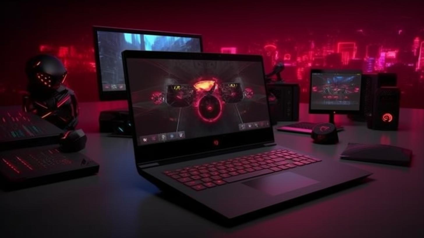 "Nuevo portátil de gaming de HP rodeado de electrónicos, con un diseño en tonos oscuros y carmesí, creando un ambiente etéreo y contrastante entre luces y sombras, con matices de rojo claro y rosa oscuro."