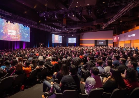 "Una multitud de personas asistiendo a una gran conferencia, con un estilo gamercore en tonos grises oscuros y naranjas, evocando la estética de los artistas Sydney Prior Hall, Temmie Chang y David Normal."