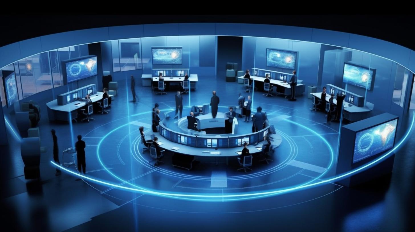 Una moderna sala de conferencias informáticas que representa el concepto de gestión del ciberespacio, con tonos oscuros de azul y acuamarina claro, técnicas colaborativas y formas circulares, en el estilo del siglo 21 y Les Automatistes.
