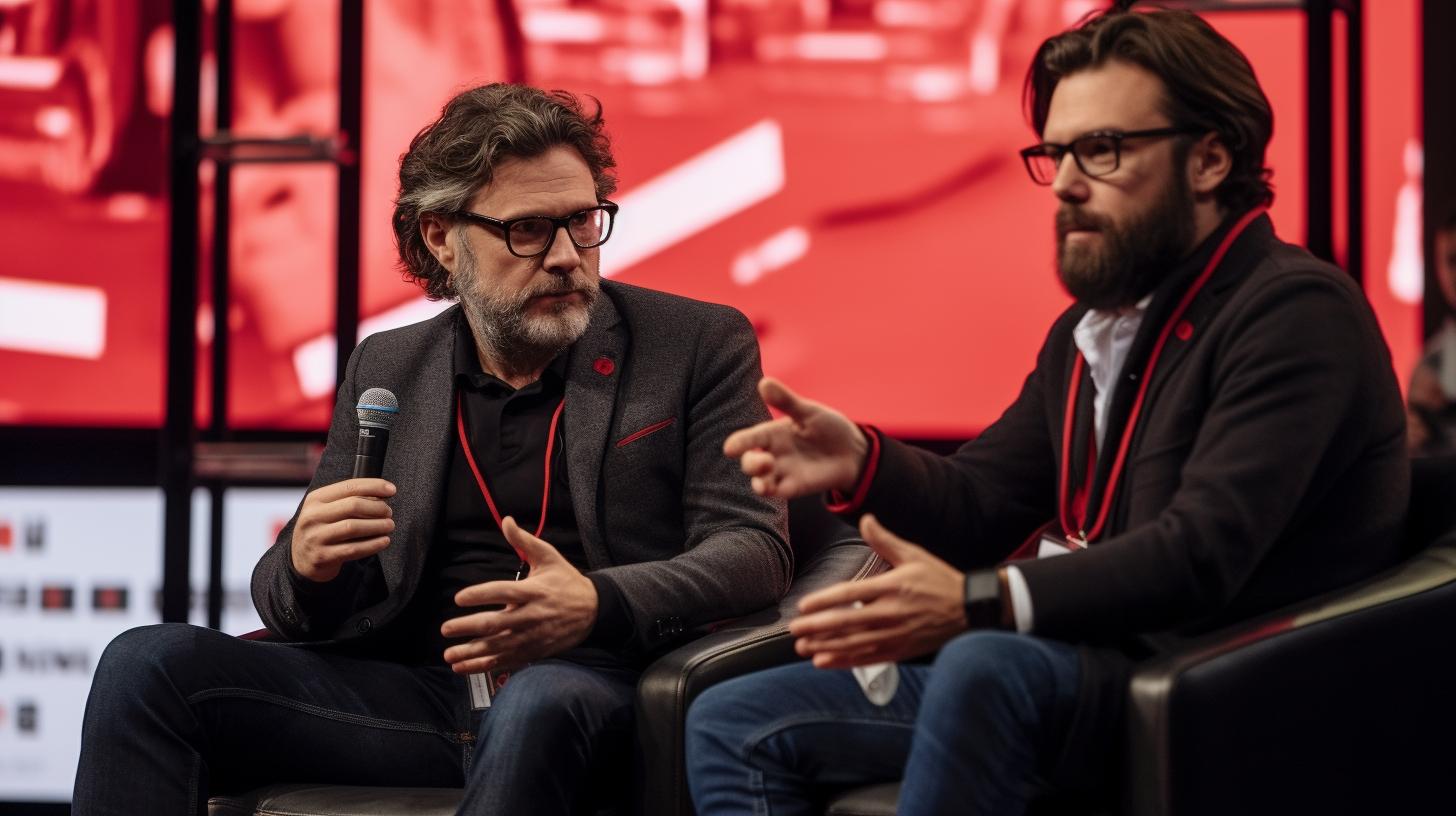 Dos hombres conversando en un escenario, con un estilo oscuro en tonos grises y rojos, evocando una atmósfera de red de conexiones fluidas y elementos de la cultura gamer.