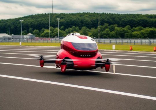 Un drone de pasajeros eléctrico con asiento incorporado, listo para pruebas en enero, presentado en tonos oscuros de rojo, con una perspectiva forzada y vista aérea, al estilo del artista Gerhard Munthe.