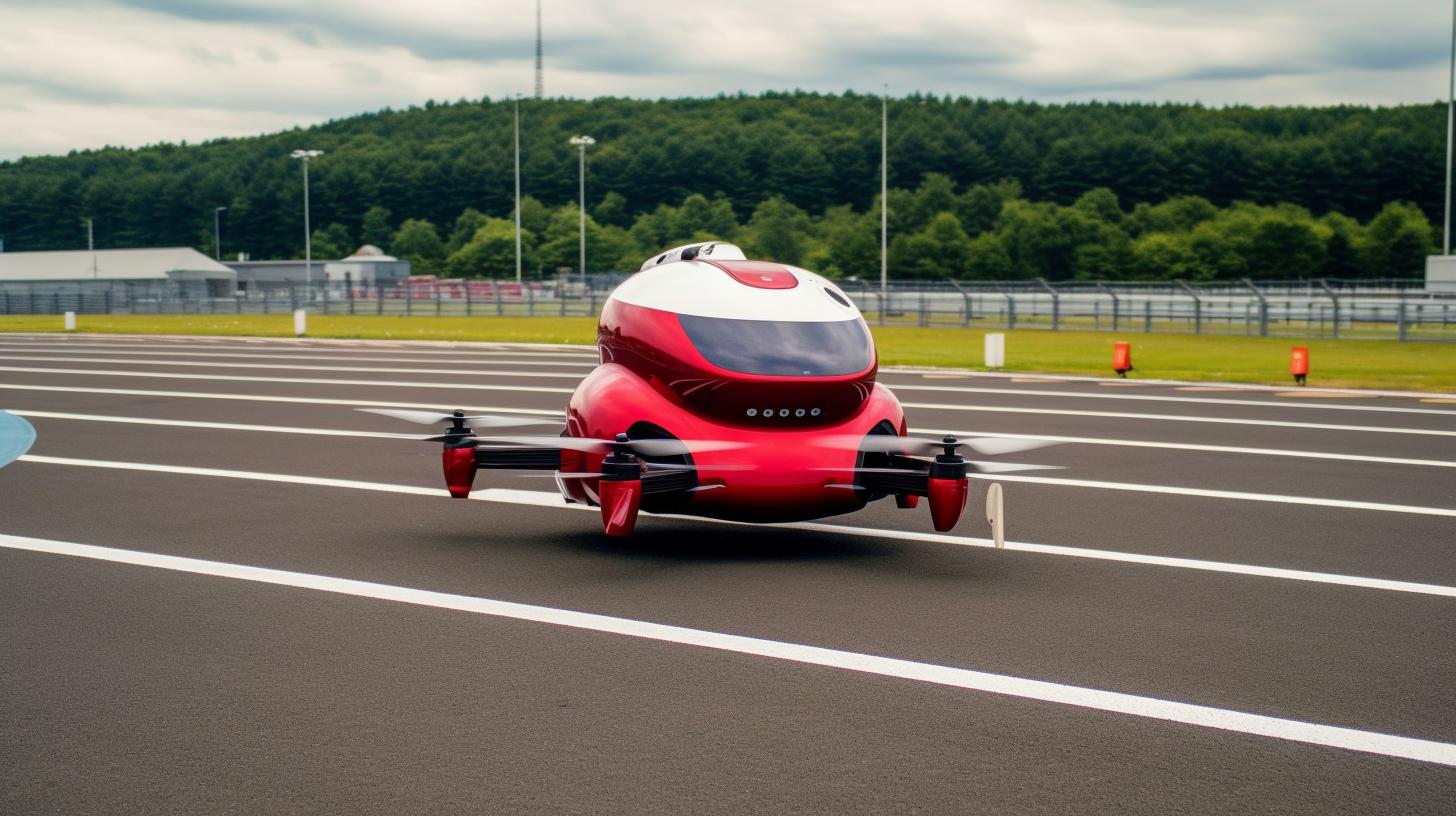 Un drone de pasajeros eléctrico con asiento incorporado, listo para pruebas en enero, presentado en tonos oscuros de rojo, con una perspectiva forzada y vista aérea, al estilo del artista Gerhard Munthe.