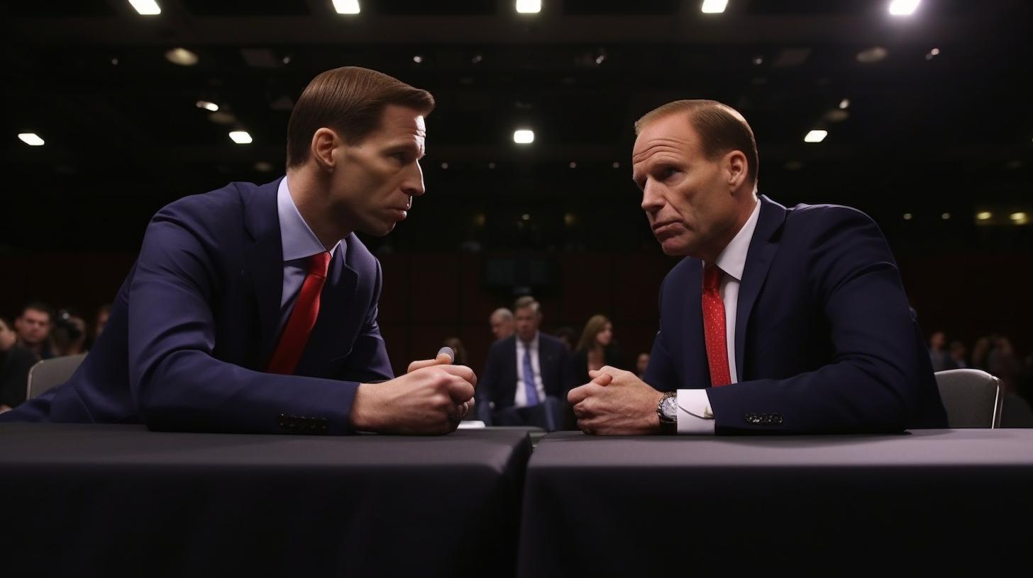 Dos hombres en trajes sentados frente a frente en un ambiente tenso y cargado de declaraciones políticas, con un estilo que recuerda al arte de Todd McFarlane, James Gurney y Bertil Nilsson, y con un patrón de zigzag predominante.