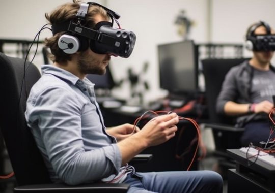 Dos hombres con auriculares utilizando cascos de realidad virtual en una habitación, evocando un estilo de cuadrícula inspirado en Hendrick Cornelisz Vroom, con un ambiente de lugar de estudio y elementos modulares.