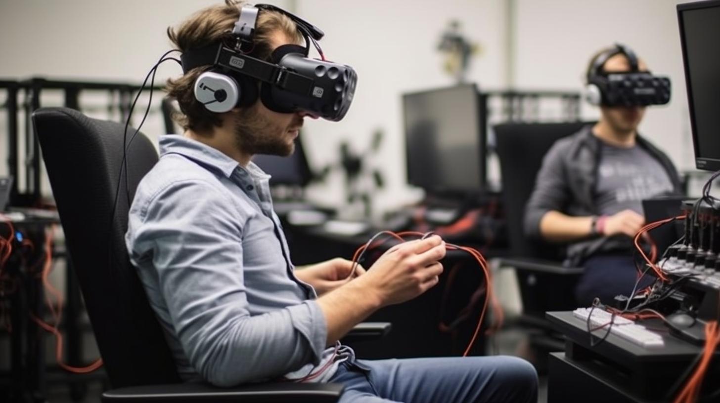 Dos hombres con auriculares utilizando cascos de realidad virtual en una habitación, evocando un estilo de cuadrícula inspirado en Hendrick Cornelisz Vroom, con un ambiente de lugar de estudio y elementos modulares.