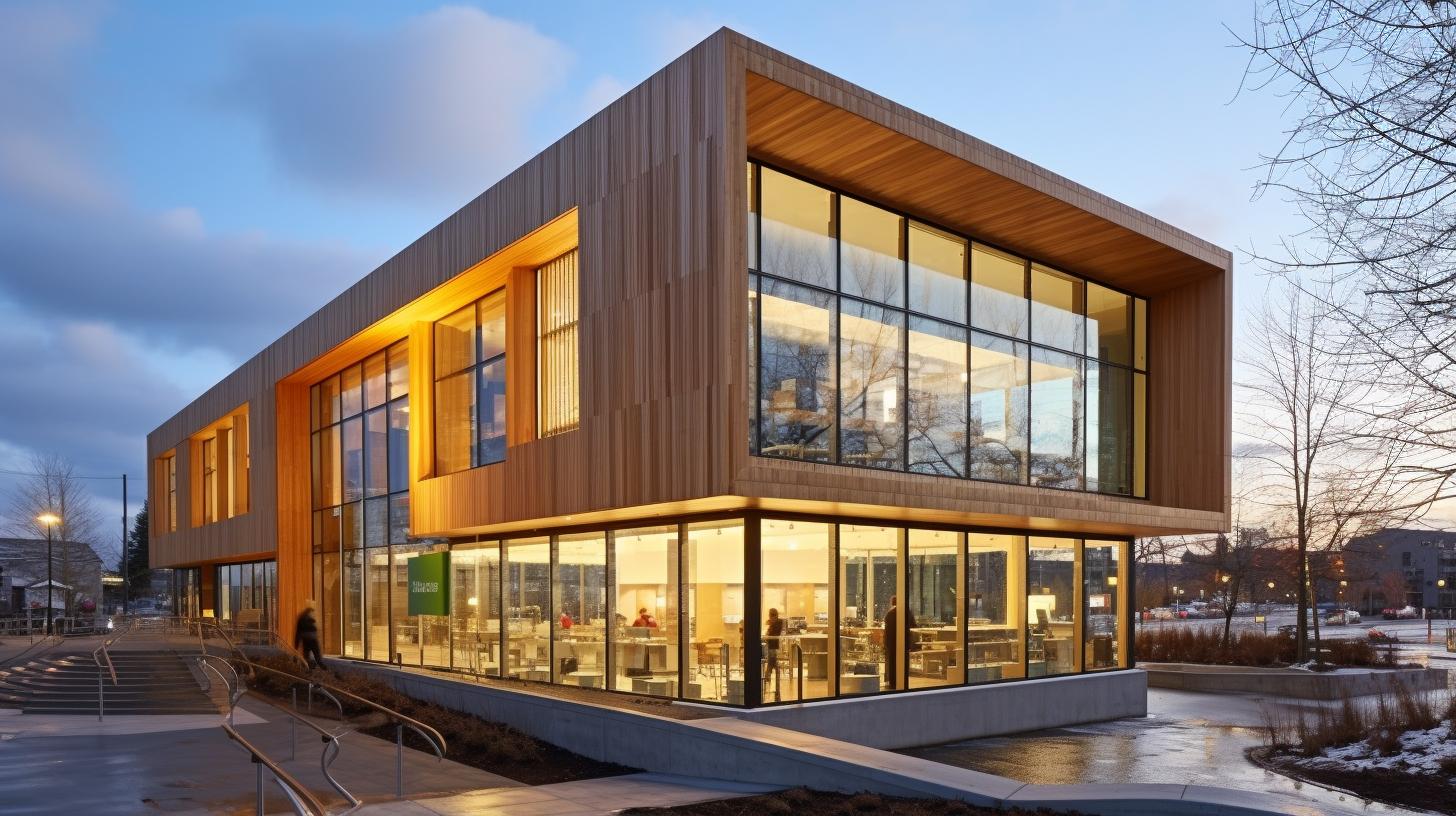 "Una gran biblioteca de diseño sostenible con amplias ventanas y exterior de madera, bañada en una luz ámbar suave, con vistas al puerto y la costa, y una iluminación ambiental que realza sus claras líneas arquitectónicas."