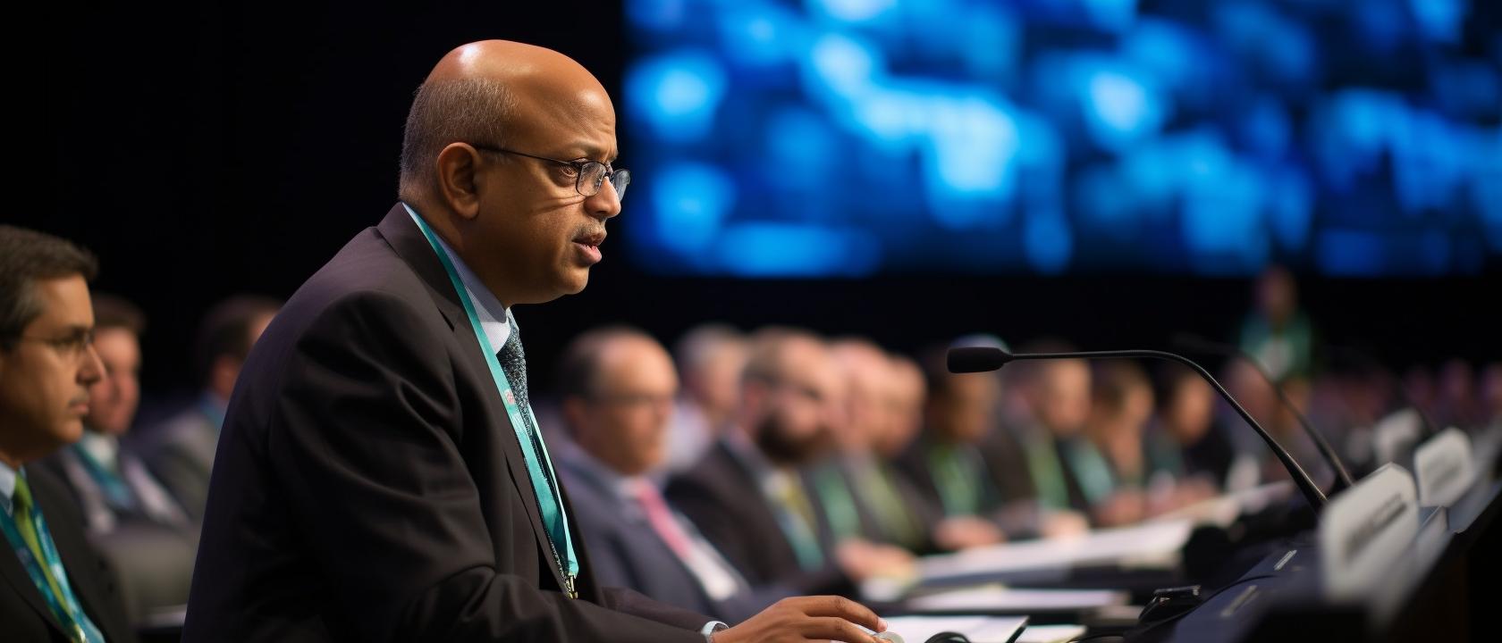 Un hombre hablando en un micrófono durante una cumbre, con un estilo que combina tonos de verde y azul, reflejando multiculturalismo e influencias de las tradiciones indias, con un enfoque científico y formas no representativas.