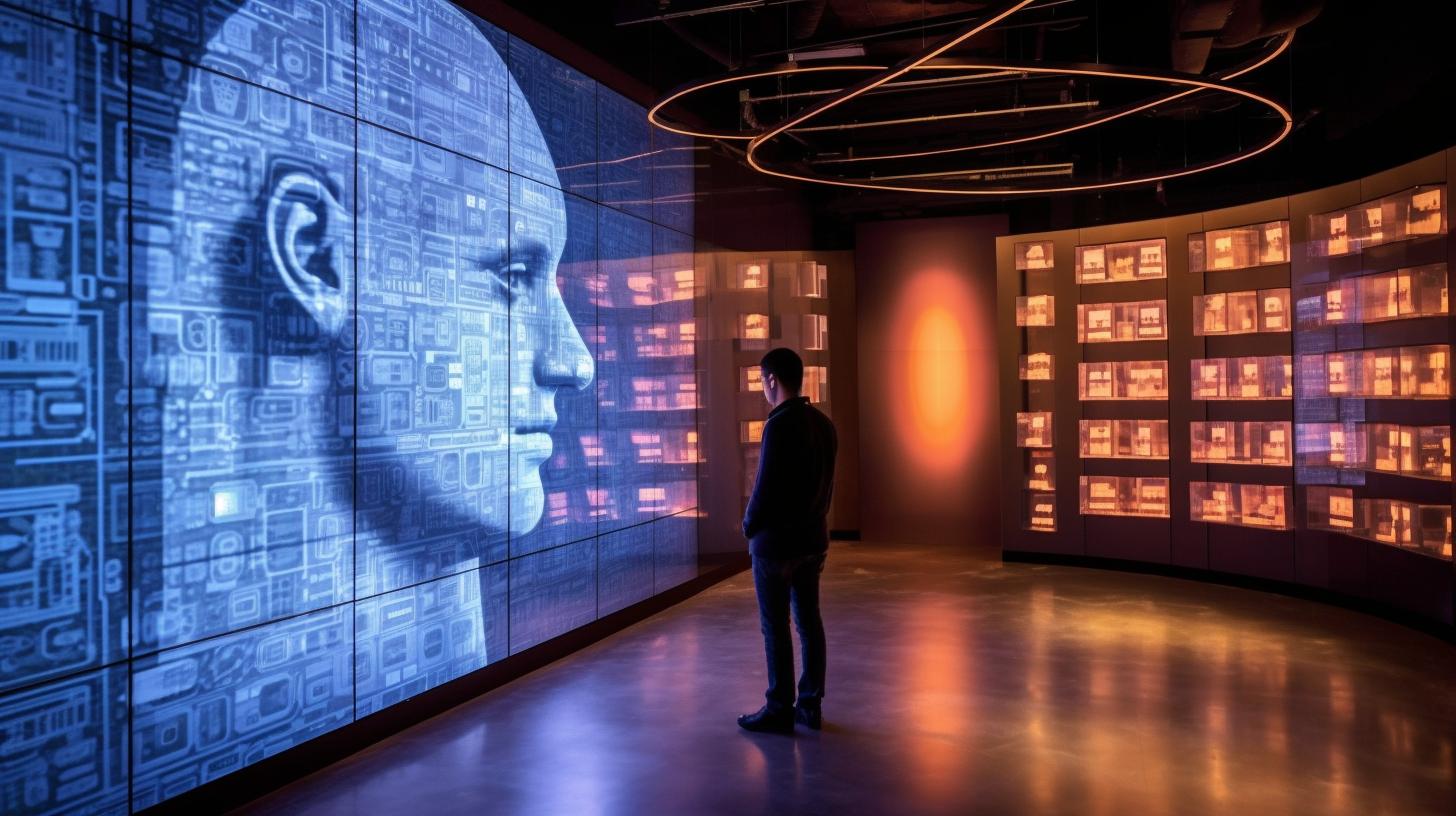 Una persona observando una gran pantalla de computadora en un museo de inteligencia artificial, con un estilo de retrato épico en tonos bronce y naranja, evocando la narrativa emocional del neo-academismo y el arte de Grant Morrison.