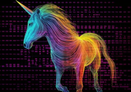 Un unicornio digital vibrante y colorido que puede leer números, evocando maravillas tecnológicas y arte algorítmico, inspirado en los estilos de Carlos Schwabe, Lisa Parker y Nick Veasey.