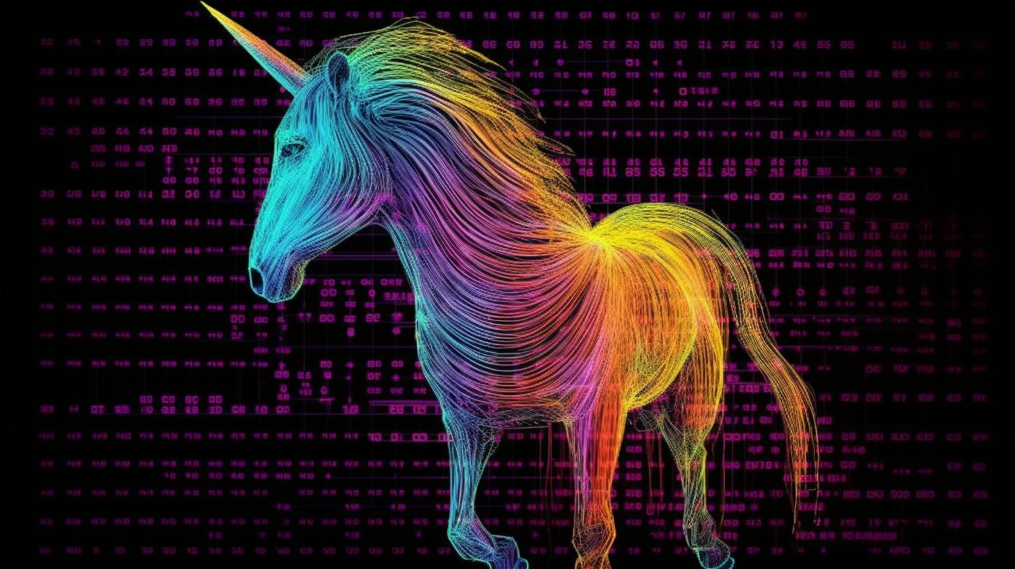 Un unicornio digital vibrante y colorido que puede leer números, evocando maravillas tecnológicas y arte algorítmico, inspirado en los estilos de Carlos Schwabe, Lisa Parker y Nick Veasey.