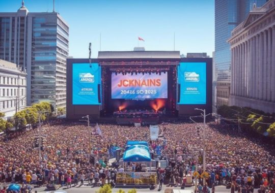 "Una multitud reunida frente a un gran escenario y pantalla, en un ambiente urbano con tonos azules del cielo y amarillos, evocando la energía del rock clásico y la renaissance de San Francisco."