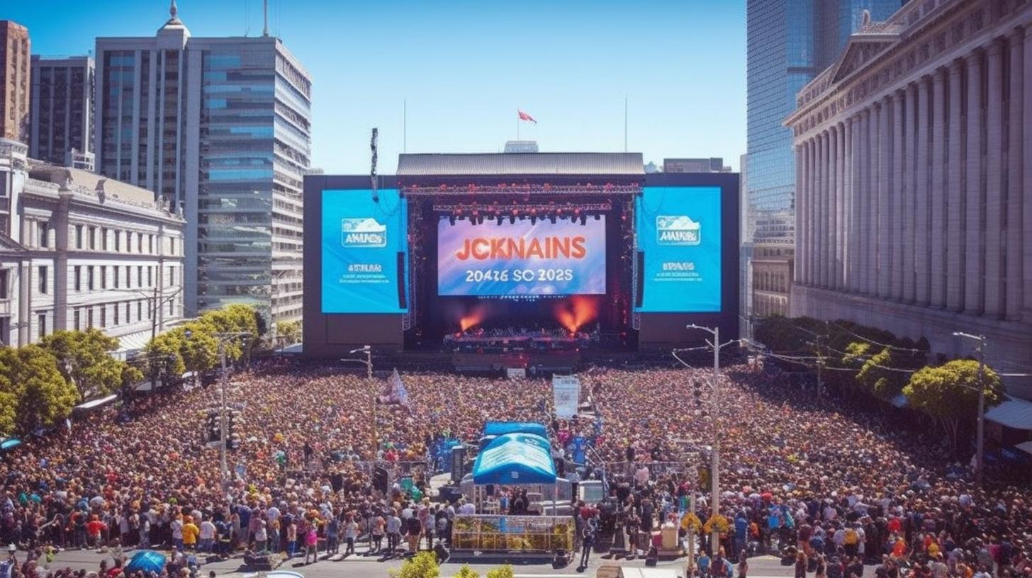 "Una multitud reunida frente a un gran escenario y pantalla, en un ambiente urbano con tonos azules del cielo y amarillos, evocando la energía del rock clásico y la renaissance de San Francisco."