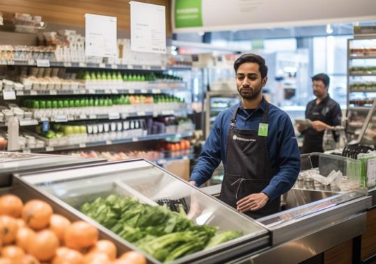 Un hombre con delantal detrás de un mostrador de frutas, en un estilo comercial con líneas precisas y colores verdes y negros, evocando una imagen uniformemente organizada y no representativa.