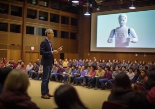 "Mac, un robot futurista, imparte una clase magistral en una universidad llena de detalles, con un ambiente de conciencia ambiental en tonos dorados y granate claro."