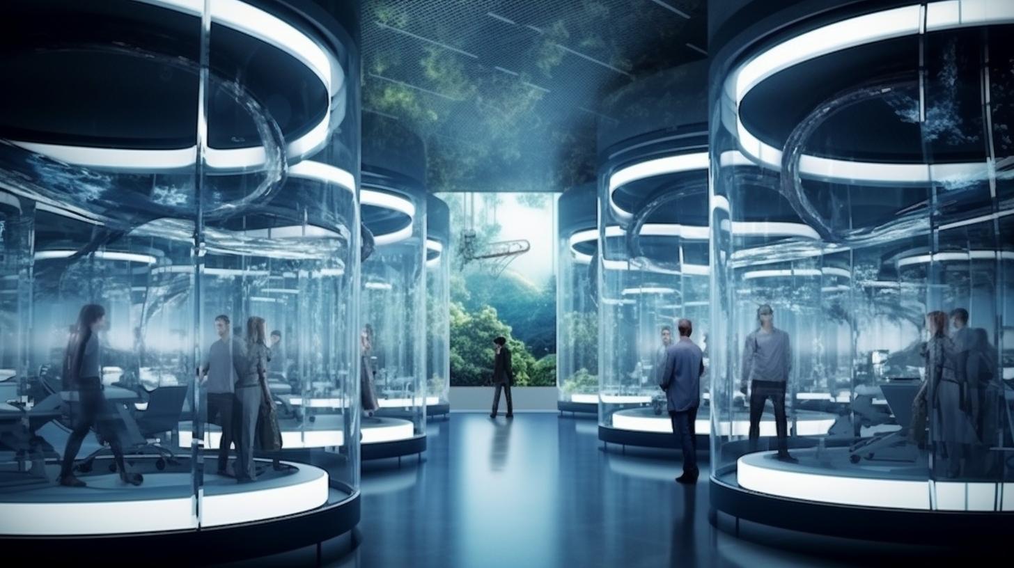 "Una escena futurista que muestra a personas en cabinas de vidrio, rodeadas por una naturaleza detallada y minimalista, con técnicas innovadoras, en tonos de gris oscuro y azul claro."