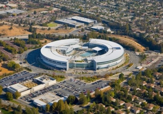 "Vista futurista y precisa del campus de Apple en Mountain View, California, inspirada en los estilos artísticos de Martiros Saryan, Jack Whitten y Jason Edmiston, con un toque de óptica futurista y estética rangercore."