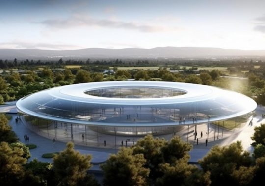 "Los cinco principales arquitectos trabajando en el nuevo campus de Apple, representados en un estilo futurista y minimalista, con predominio de vidrio y metal, iluminados por una luz perimetral."