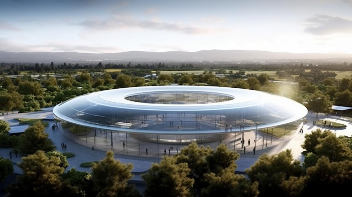 "Los cinco principales arquitectos trabajando en el nuevo campus de Apple, representados en un estilo futurista y minimalista, con predominio de vidrio y metal, iluminados por una luz perimetral."